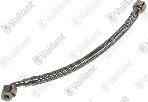 Flexibler Schlauch von Vaillant mit einer geschlitzten Metallummantelung und zwei geknickten Anschlüssen für die Verbindung von Heizungsanlagen oder ähnlichem.